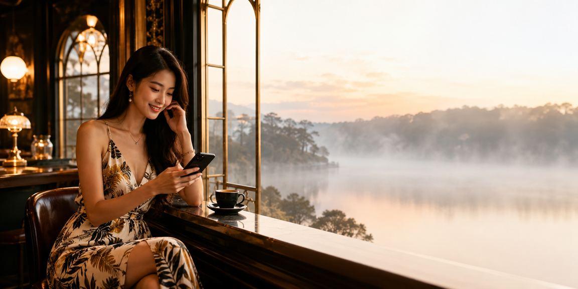 Người dùng tại Đà Lạt chuẩn bị đăng ký tài khoản giải trí trên điện thoại trong quán cà phê