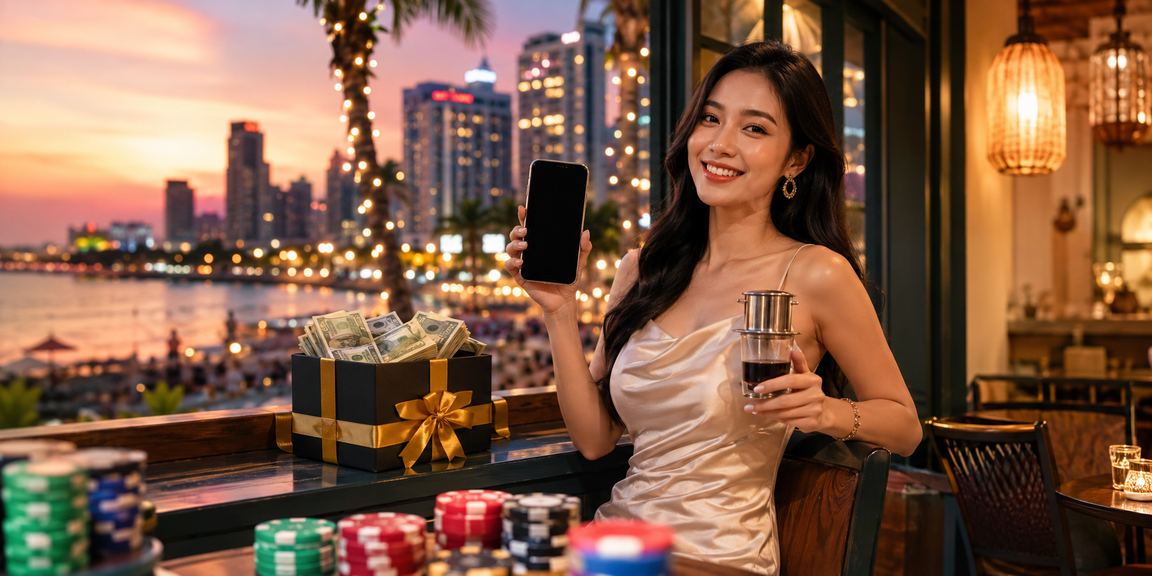Người dùng tại Phú Quốc xem Jackpot trên điện thoại trong quán cà phê