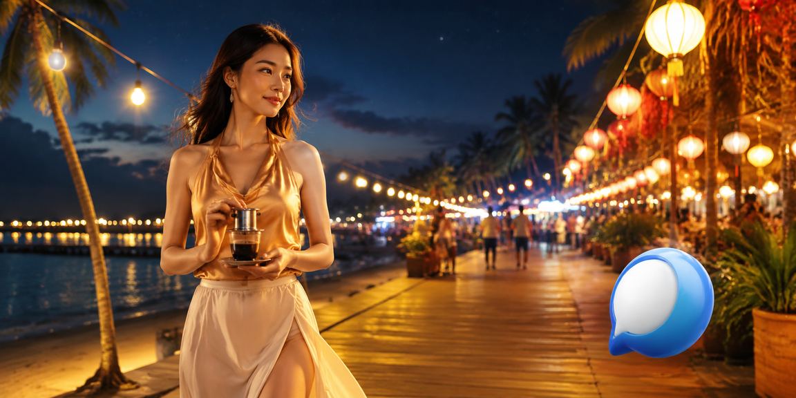 Người dùng tại Phú Quốc xem thông tin xổ số trên điện thoại trong quán cà phê